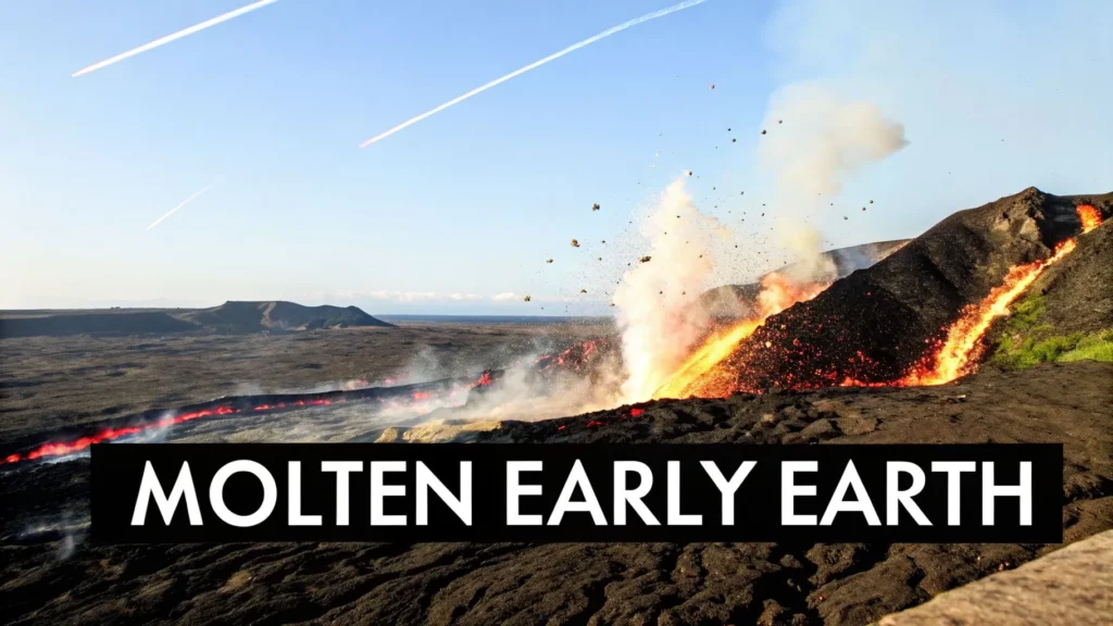 Earth in the Beginning: An Origin Story Volcanic eruption with flowing lava and meteors, illustrating molten early Earth conditions
