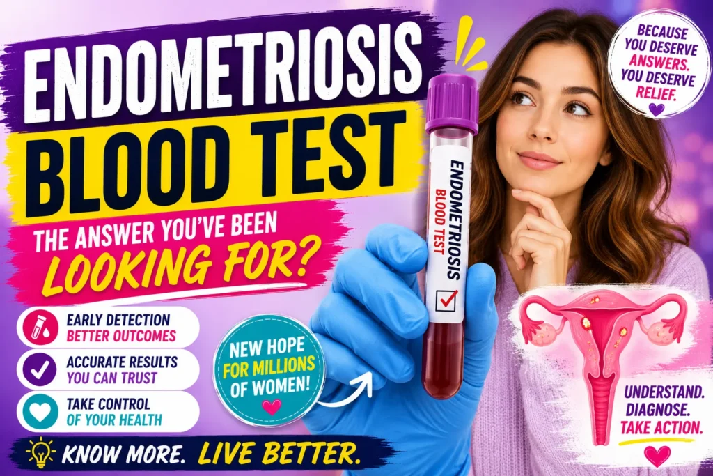 Endometriosis Blood Test: New Biomarkers & Accuracy Endometriosis blood test thumbnail with test tube, medical graphics, and woman beside colorful health text.