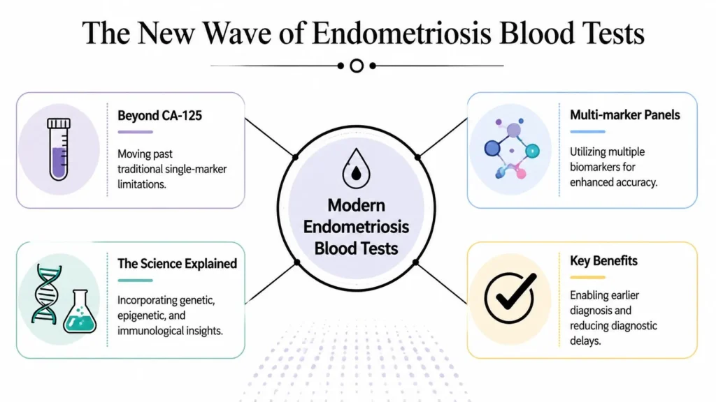Infographic explaining modern endometriosis blood tests, biomarkers, genetic science, and diagnostic benefits.