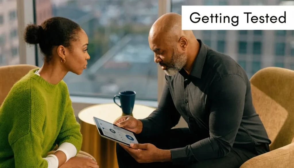 Doctor discussing medical test results with a patient during a healthcare consultation labeled “Getting Tested.”