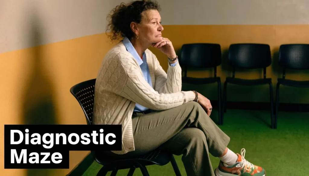 Thoughtful woman sitting in a waiting room with “Diagnostic Maze” text about medical testing challenges.