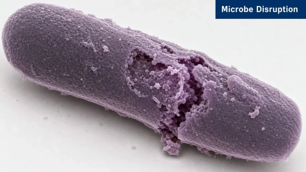Microscopic image of a damaged bacterium cell, illustrating microbial disruption and structural breakdown.