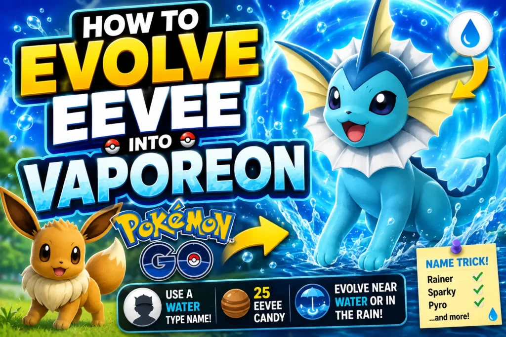 Pokémon GO Eevee to Vaporeon thumbnail with water effects, evolution guide, and bright gaming graphics.