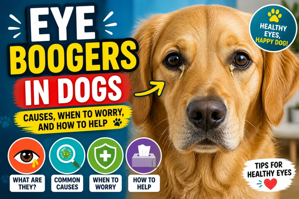 Dog with eye discharge close-up, bold “Eye Boogers in Dogs” text and icons for causes, concern, and care tips