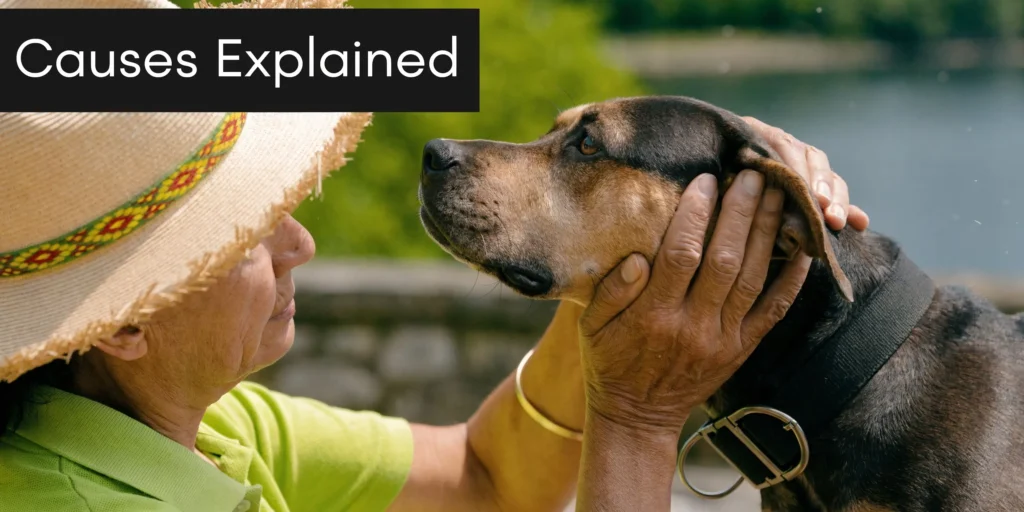 Person gently holding dog’s face outdoors, labeled “Causes Explained,” illustrating pet eye discharge causes