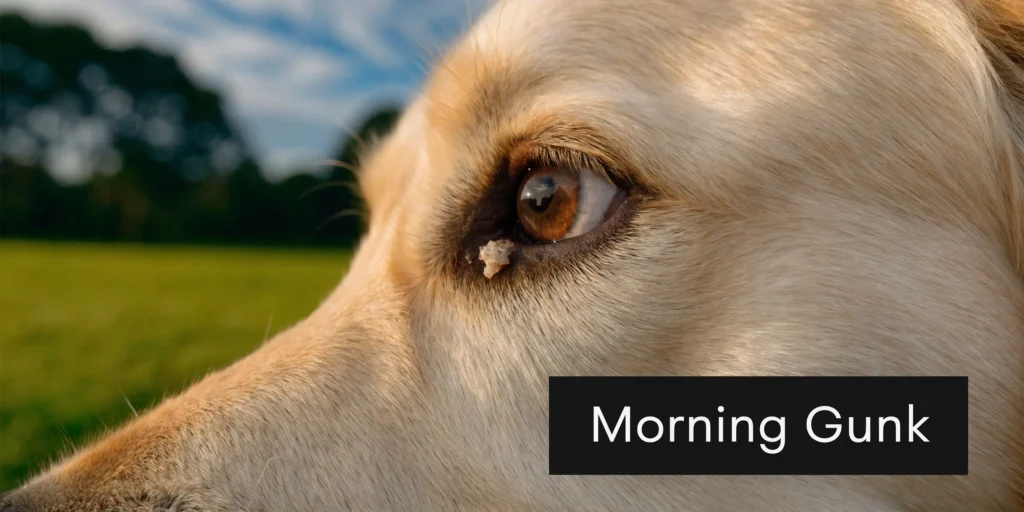 Close-up of dog’s eye with discharge, labeled “Morning Gunk,” highlighting common eye buildup in pets