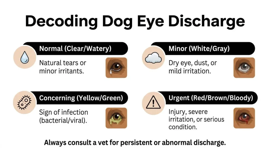 Infographic on dog eye discharge types: clear normal, white minor, yellow infection, red urgent; advises vet for issues