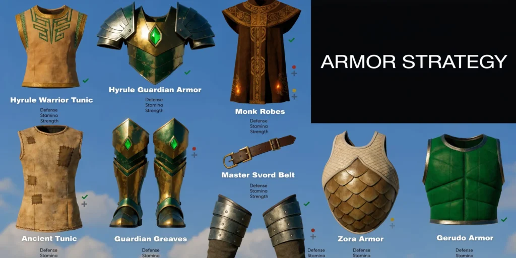 Armor strategy graphic showing Hyrule gear sets like tunics, greaves, robes, and Zora armor with stats icons