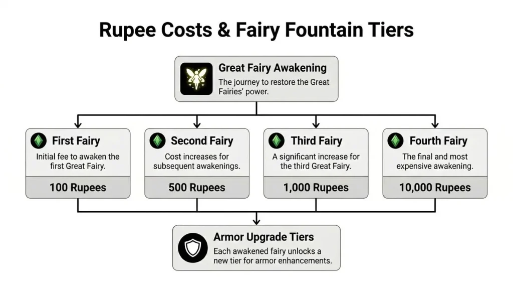 Infographic of fairy fountain tiers and rupee costs: 100, 500, 1,000, 10,000, unlocking armor upgrade levels