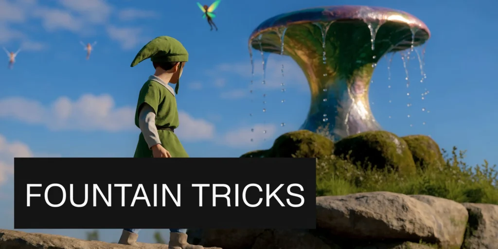 Fantasy scene of boy in green outfit near magical fountain with fairies, labeled “Fountain Tricks”