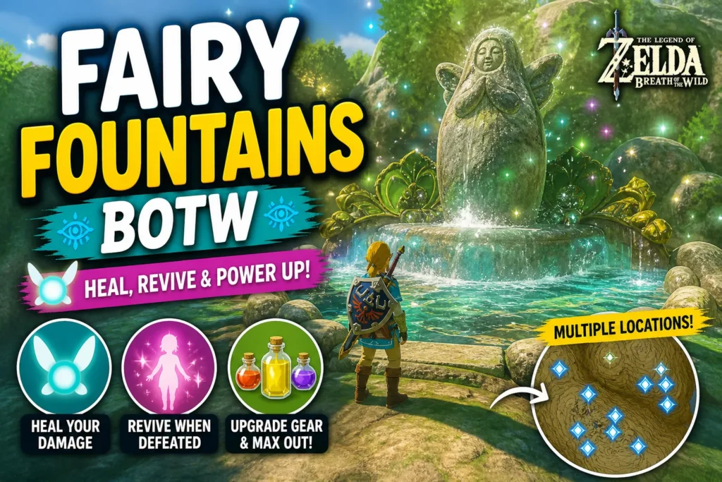 Colorful Fairy Fountain scene with glowing statue, hero character, and bold “Fairy Fountains BOTW” guide text