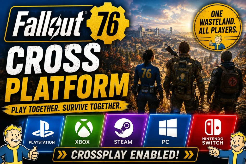 Fallout 76 cross-platform thumbnail with wasteland survivors, gaming platform logos, and crossplay graphics.