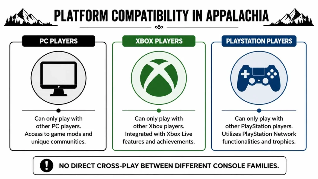 Fallout 76 Cross Platform: The 2026 Guide to Cross-Play Infographic showing Fallout 76 platform compatibility for PC, Xbox, and PlayStation players.