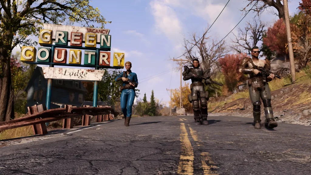 Fallout 76 Cross Platform: The 2026 Guide to Cross-Play Three armed Fallout-style characters walk along a cracked road near a Green Country Lodge sign.