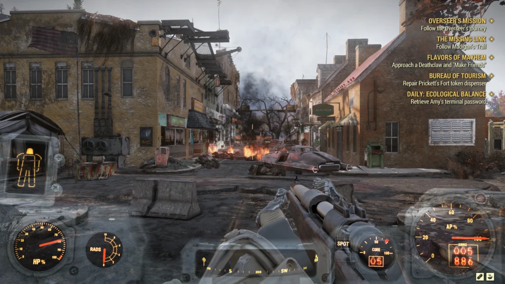 Fallout 76 Cross Platform: The 2026 Guide to Cross-Play First-person Fallout-style gameplay showing a ruined town street with fires, missions, and weapon HUD.