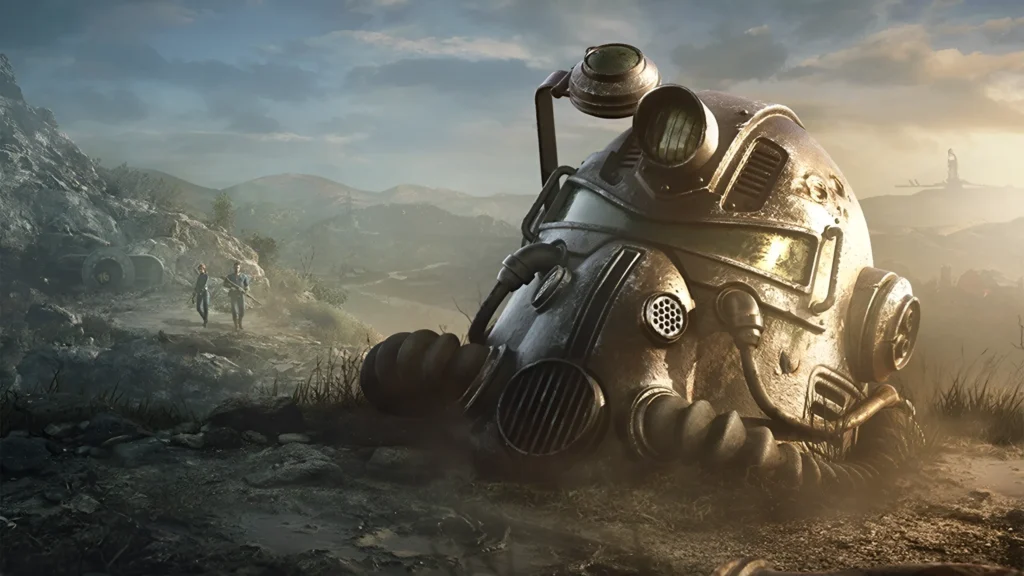 Fallout 76 Cross Platform: The 2026 Guide to Cross-Play Giant Fallout-style power armor helmet rests in a rugged wasteland as two travelers walk nearby.