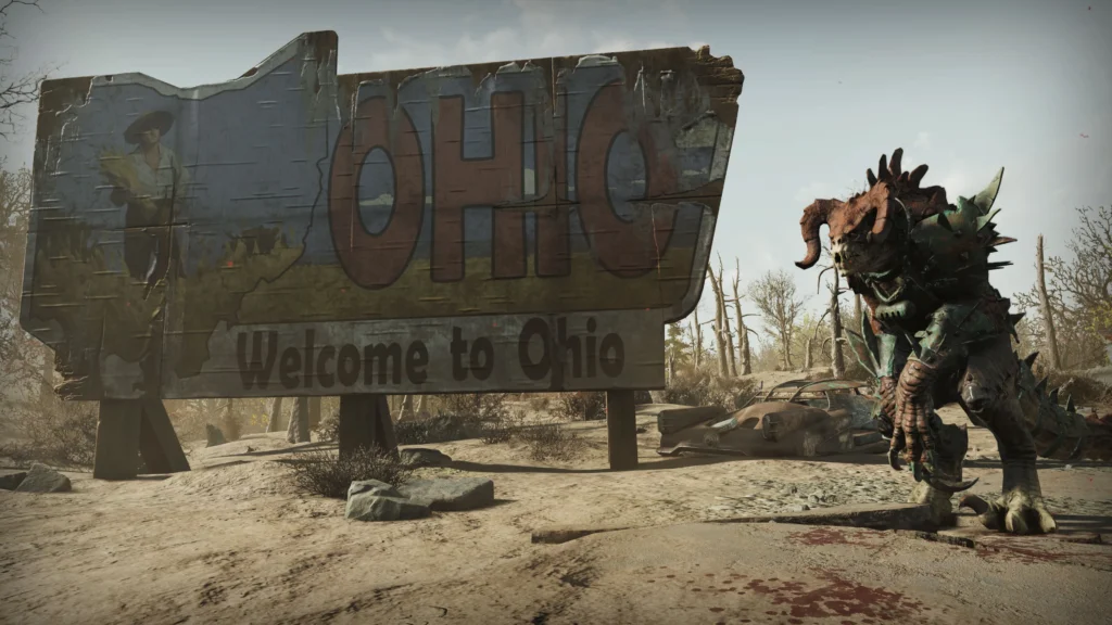 Fallout 76 Cross Platform: The 2026 Guide to Cross-Play Mutated armored creature stands beside a damaged “Welcome to Ohio” sign in a post-apocalyptic wasteland.