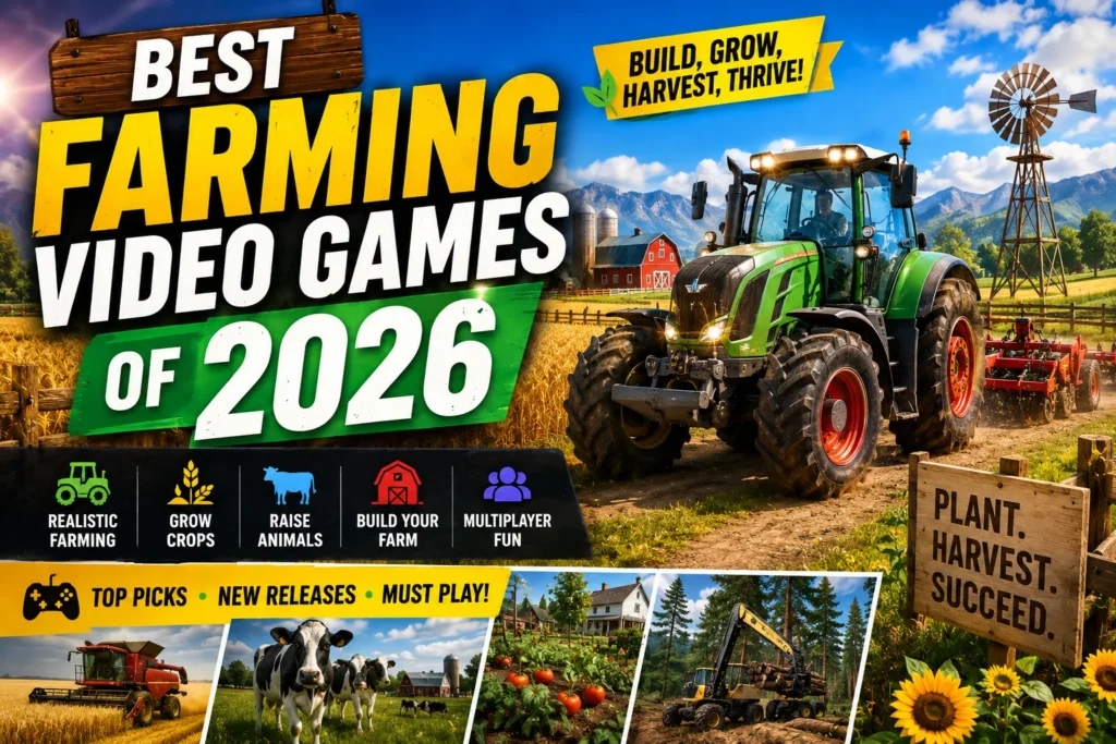 Colorful farming games thumbnail with tractor, crops, animals, and bold text highlighting top farming games of 2026.