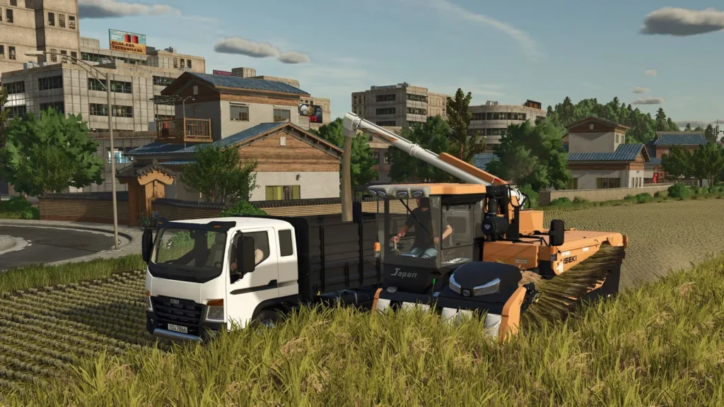The 7 Best Farming Video Games of 2026 Farming simulator game scene with a combine harvester unloading crops into a truck near a modern town.
