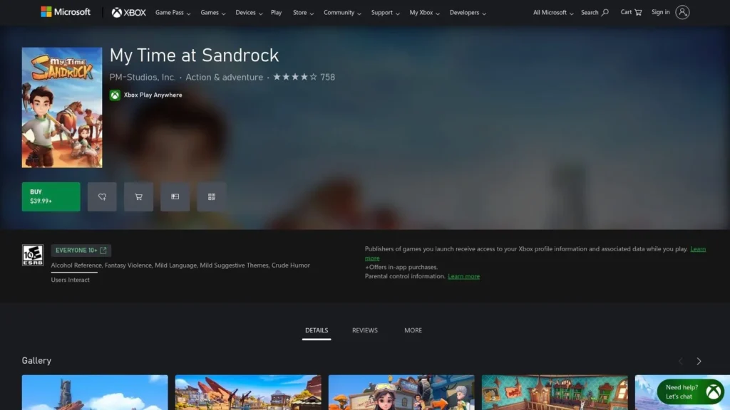 The 7 Best Farming Video Games of 2026 Xbox store page for My Time at Sandrock showing game details, price, ratings, and screenshots.
