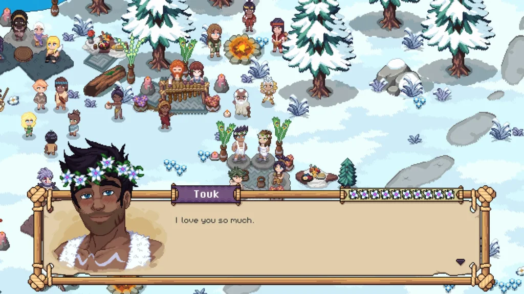 The 7 Best Farming Video Games of 2026 Pixel-art winter festival scene in a farming game with villagers gathered as a character says, “I love you so much.”