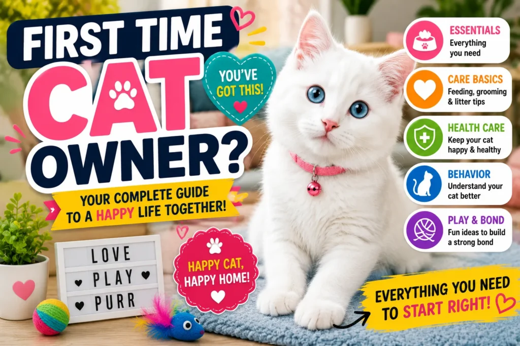 Colorful first-time cat owner thumbnail with fluffy white kitten, care tips, and playful beginner pet graphics.