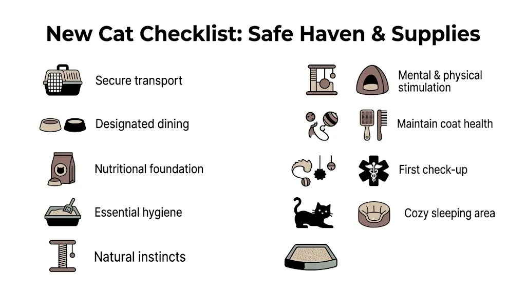 Checklist graphic for new cat owners showing supplies, hygiene, toys, vet care, and safe sleeping essentials.