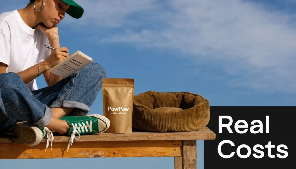 Person budgeting beside cat food and pet bed with “Real Costs” text against a blue sky background.