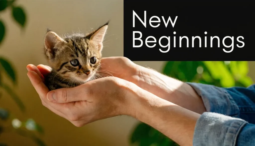 Tiny tabby kitten resting in hands with “New Beginnings” text on a warm indoor background.