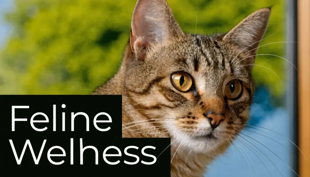 Close-up of a tabby cat with “Feline Wellness” text against a bright green and blue background.