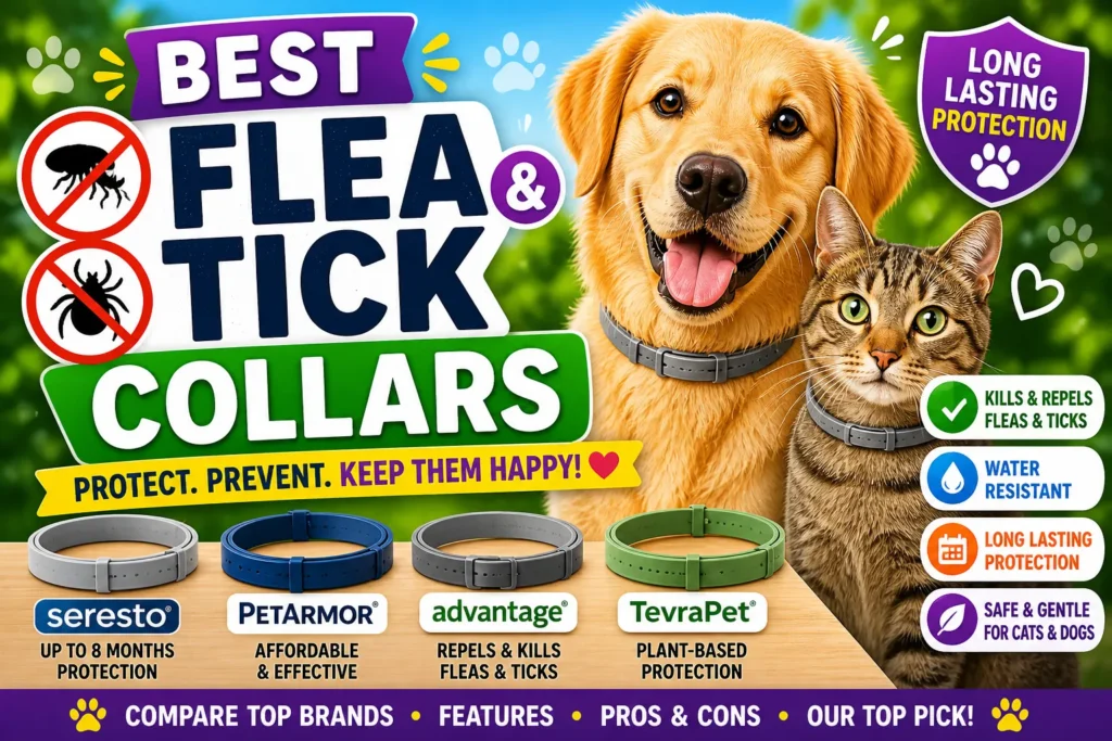 Best Flea and Tick Collars: 2026 Guide Colorful thumbnail with dog and cat wearing collars, highlighting flea and tick protection for pets with key benefits icons