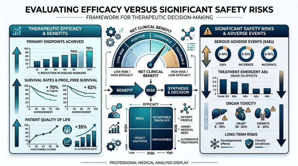 Infographic comparing efficacy vs safety risks, showing clinical benefits, adverse events, and risk-benefit decision framework