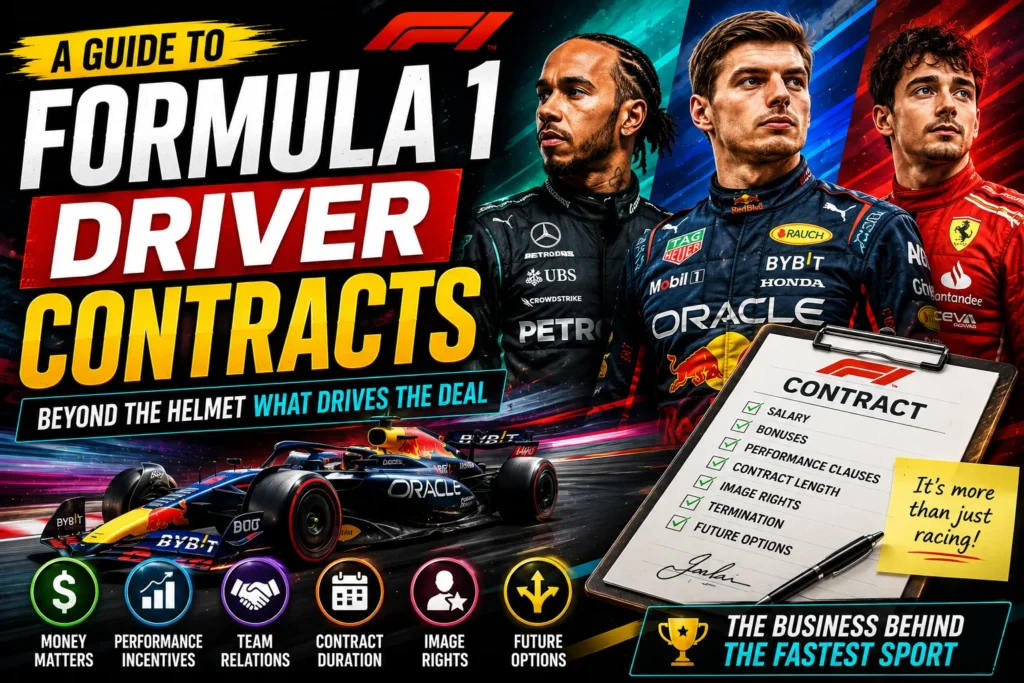Formula 1 contracts thumbnail with race drivers, F1 car, contract clipboard, and colorful motorsport business graphics.