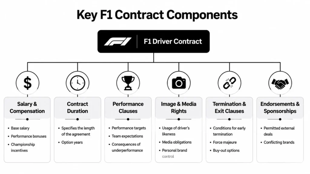 Infographic outlining key F1 driver contract components including salary, clauses, media rights, and sponsorships.