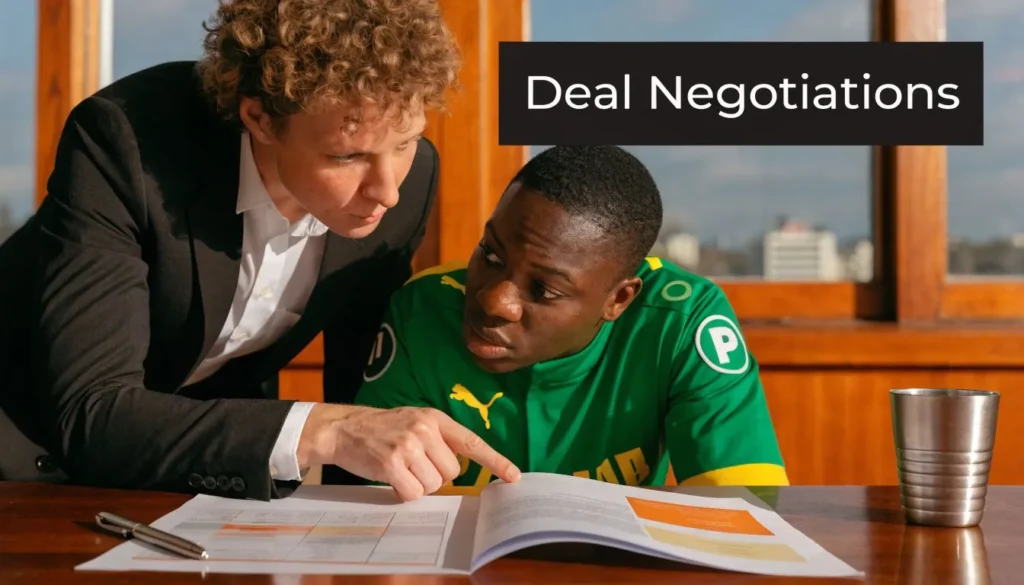 Sports agent and athlete reviewing contract documents at a table with “Deal Negotiations” text overlay.