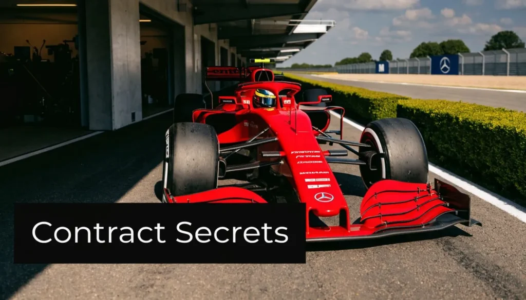Red Formula 1 race car parked beside a pit lane with “Contract Secrets” text overlay.