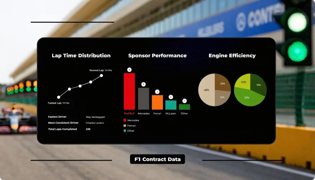 F1 racing analytics dashboard showing lap times, sponsor performance, and engine efficiency charts.