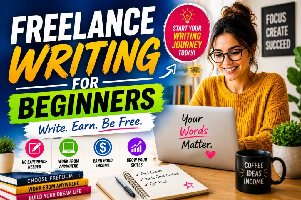 Freelance Writing for Beginners: Your 2026 Success Guide Freelance writing thumbnail with smiling woman at laptop, colorful text, and beginner work-from-home graphics.