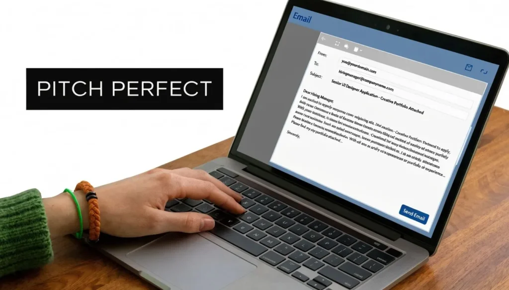 Person typing freelance pitch email on laptop screen with Pitch Perfect text promoting client outreach skills