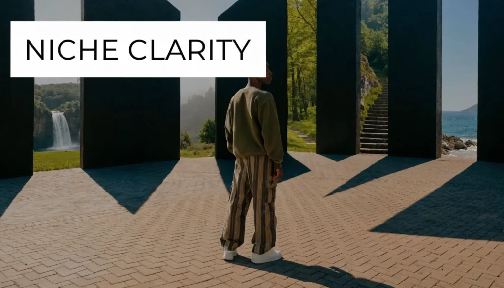 Person standing in modern architectural space with nature views and Niche Clarity motivational concept text