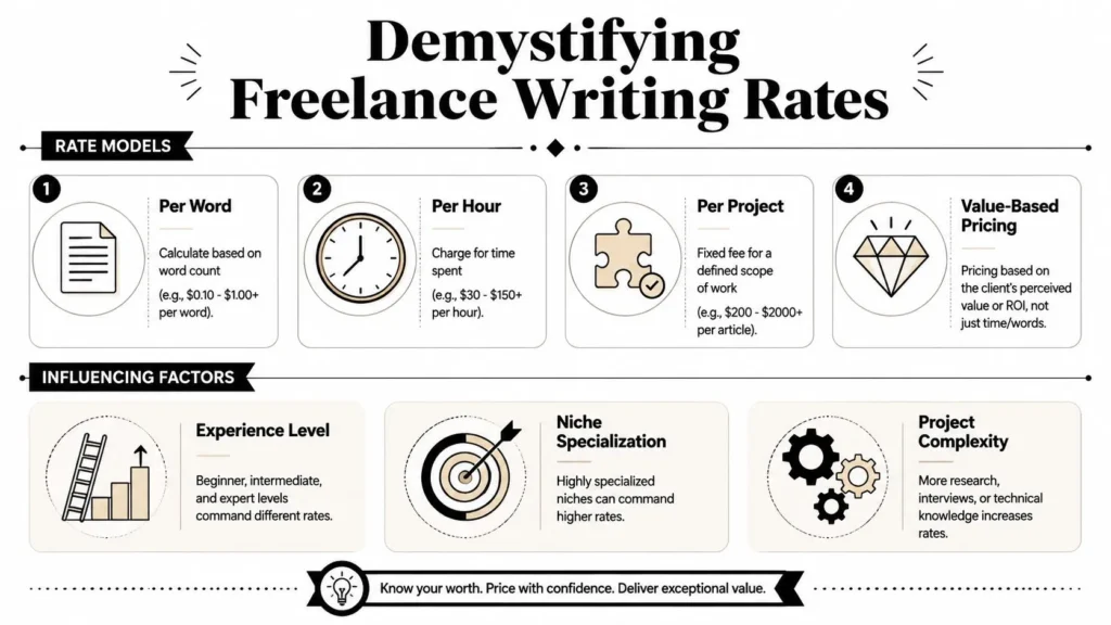 Infographic explaining freelance writing rates, pricing models, experience levels, niches, and project complexity