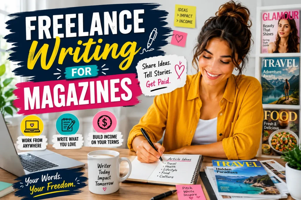Colorful thumbnail of a freelance writer working at a desk with magazines, laptop, and bold creative typography.