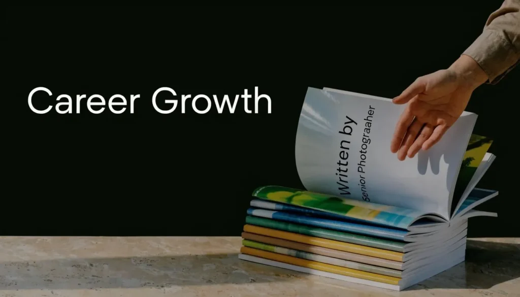 Stack of magazines with a hand turning pages beside “Career Growth” text on a dark background.