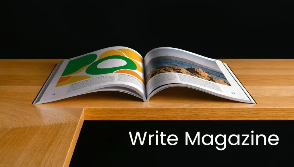 Open magazine on a wooden table displaying colorful layouts and photography with “Write Magazine” text.