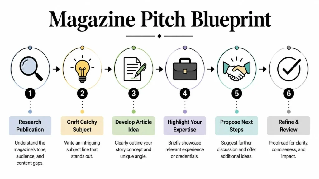 Infographic showing six steps for creating a successful magazine pitch, from research to final review.