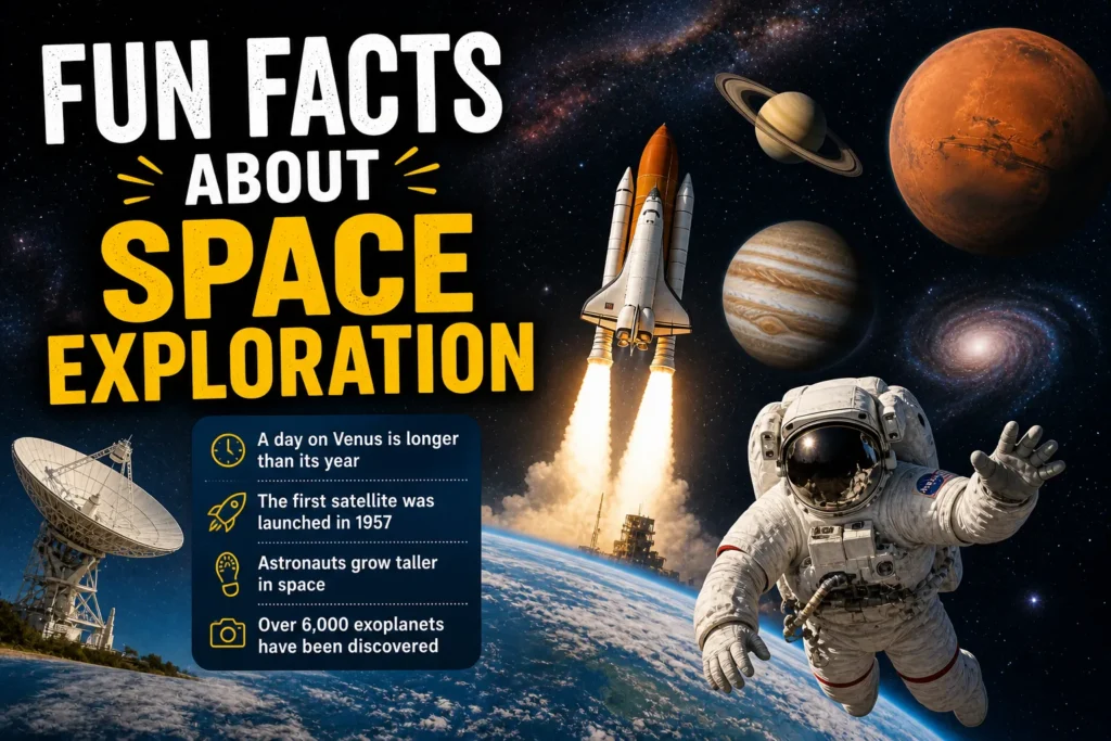 10 Fun Facts About Space Exploration to Blow Your Mind Astronaut floating near Earth with rocket launch and planets, bold text “Fun Facts About Space Exploration”