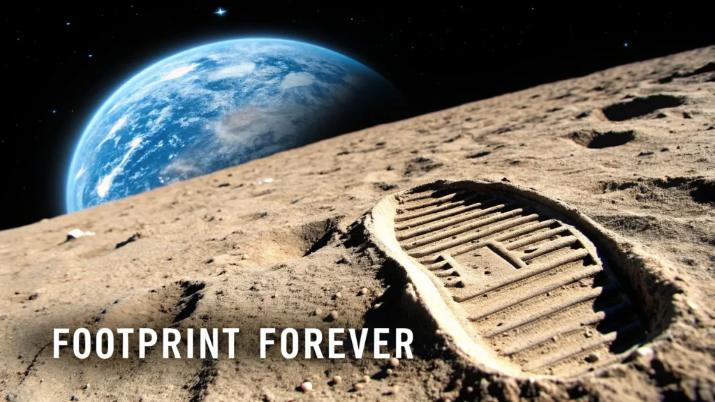 Astronaut boot print on Moon surface with Earth in background, text “Footprint Forever”