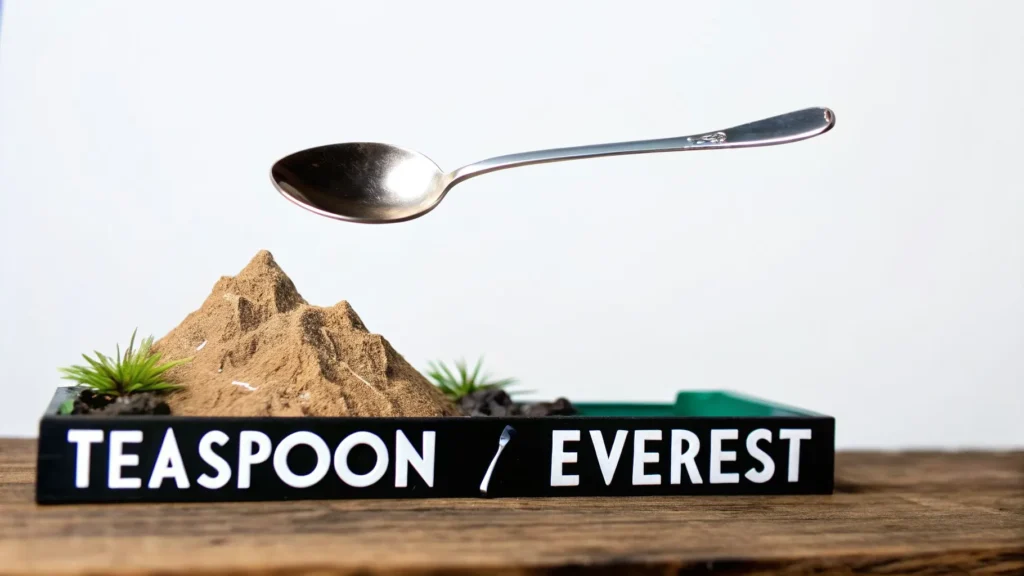 Teaspoon hovering over small sand “mountain” labeled “Teaspoon Everest” on a tabletop display