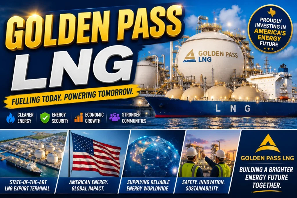 Golden Pass LNG thumbnail with energy terminal, LNG tanker, storage tanks, and bold industrial graphics.