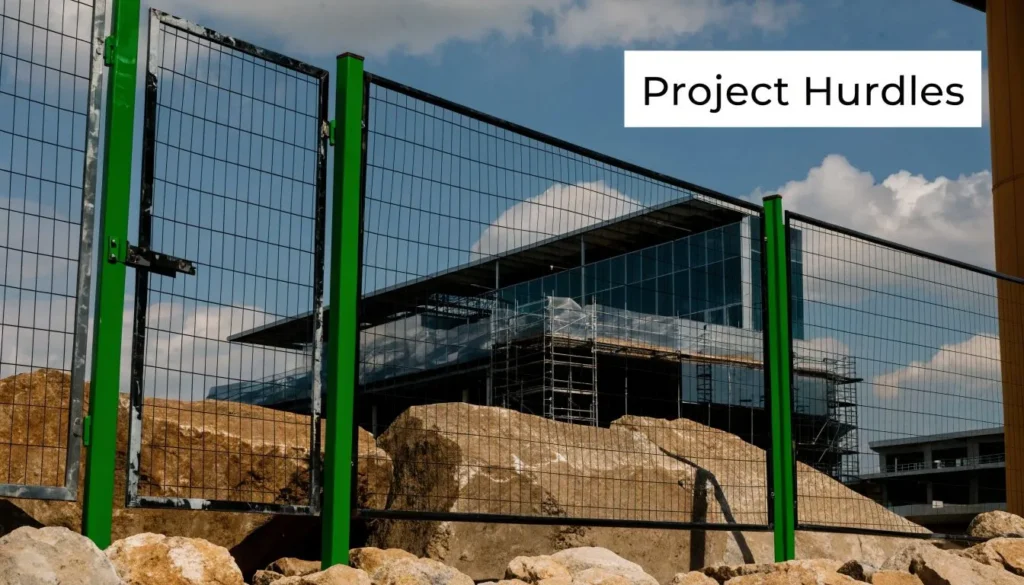 Construction site behind fencing with “Project Hurdles” text overlay against a cloudy sky.